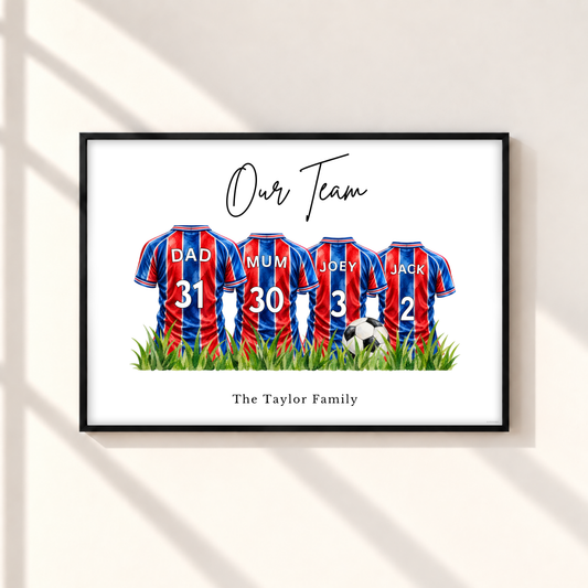 Personalised Crystal Palace inspired family football print with four red and blue striped shirts, custom names and numbers in a black frame