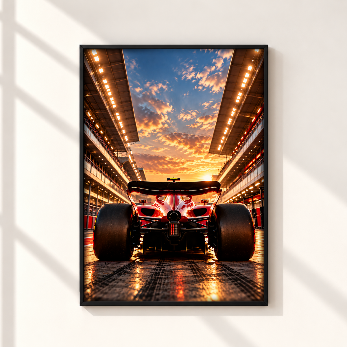 Red formula racing car print with dramatic sunset track and illuminated grandstands