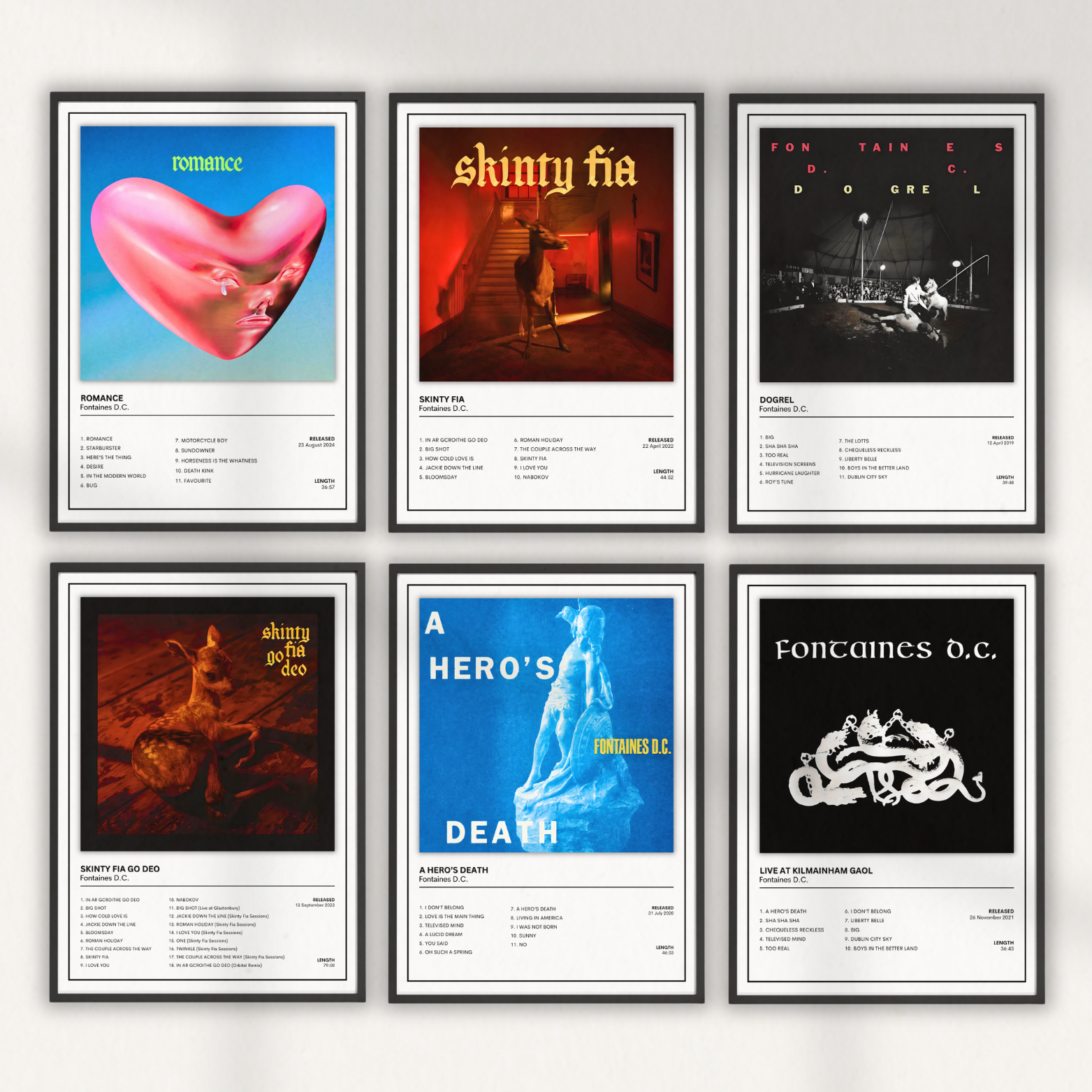 Fontaines D.C. album print collection featuring Romance, Skinty Fia, Dogrel, A Hero's Death and other iconic post-punk music wall art.