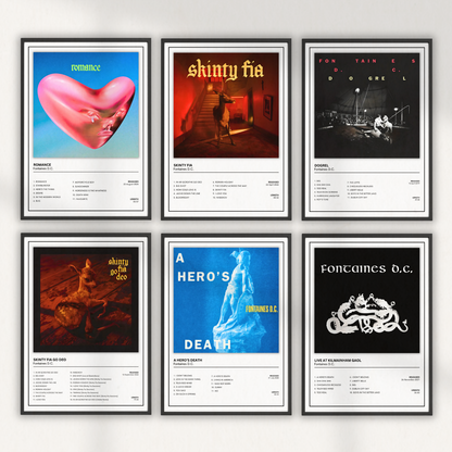 Fontaines D.C. album print collection featuring Romance, Skinty Fia, Dogrel, A Hero's Death and other iconic post-punk music wall art.