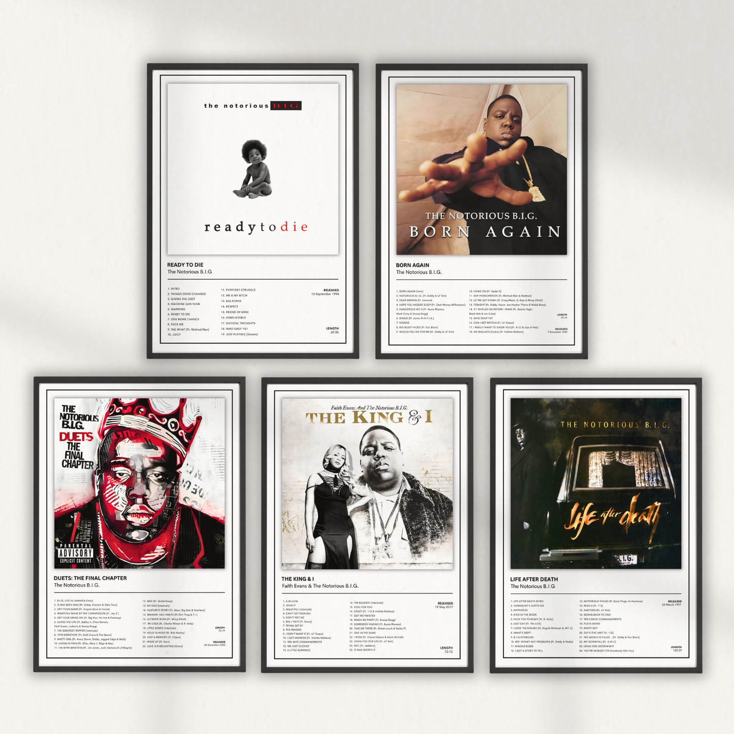 The Notorious B.I.G. album print collection featuring Ready To Die, Life After Death, Born Again, Duets The Final Chapter and The King & I premium hip hop wall art.