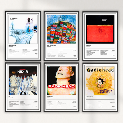 Collection of six framed Radiohead album cover prints including Pablo Honey, The Bends, OK Computer, Kid A, Amnesiac and Hail To The Thief displayed together as a modern music gallery wall for home décor.