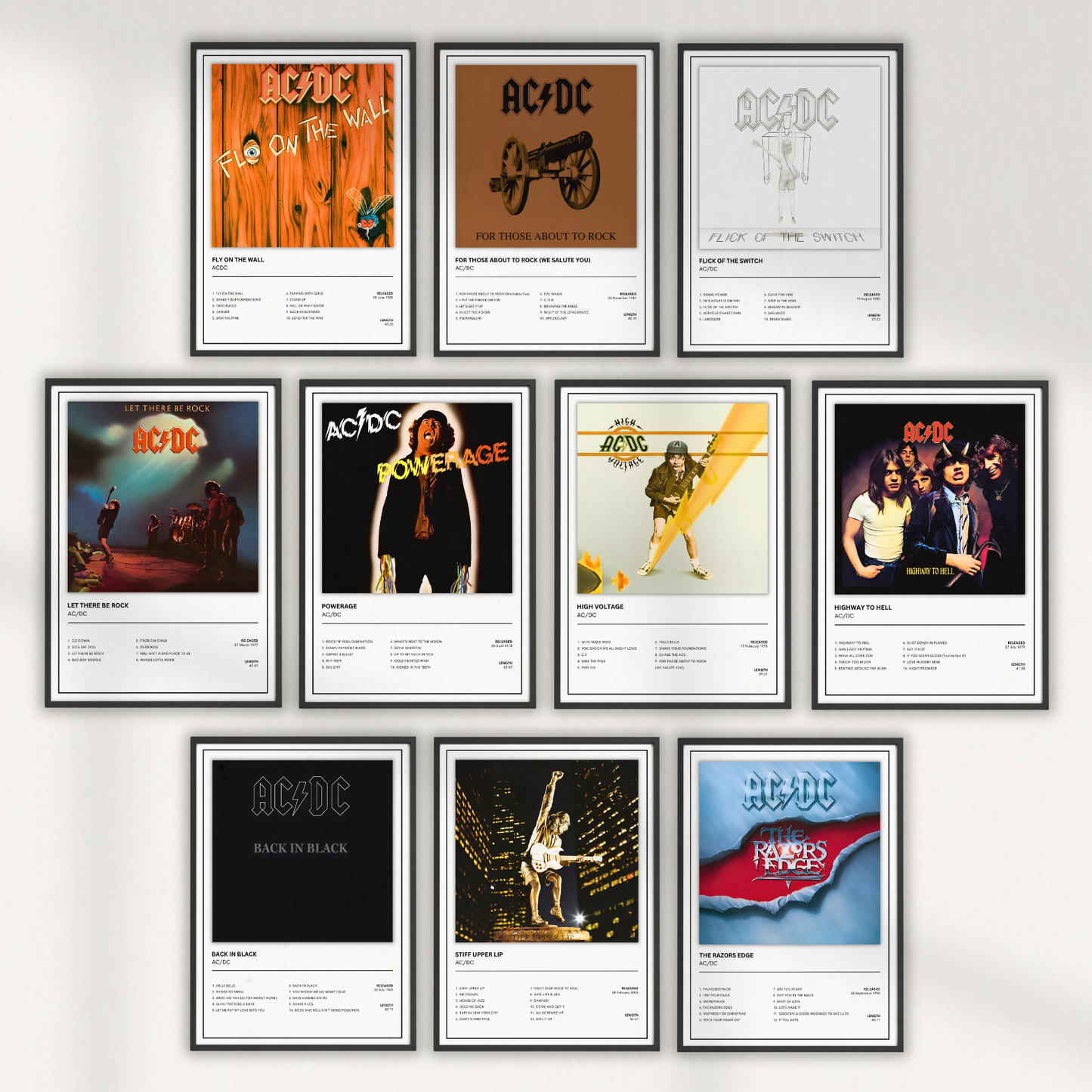 AC/DC album print collection featuring Back In Black, Highway To Hell, High Voltage, Powerage, Let There Be Rock and more classic rock music wall art.