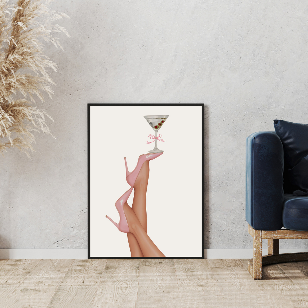 Pink Heels Balancing a Martini Glass Poster