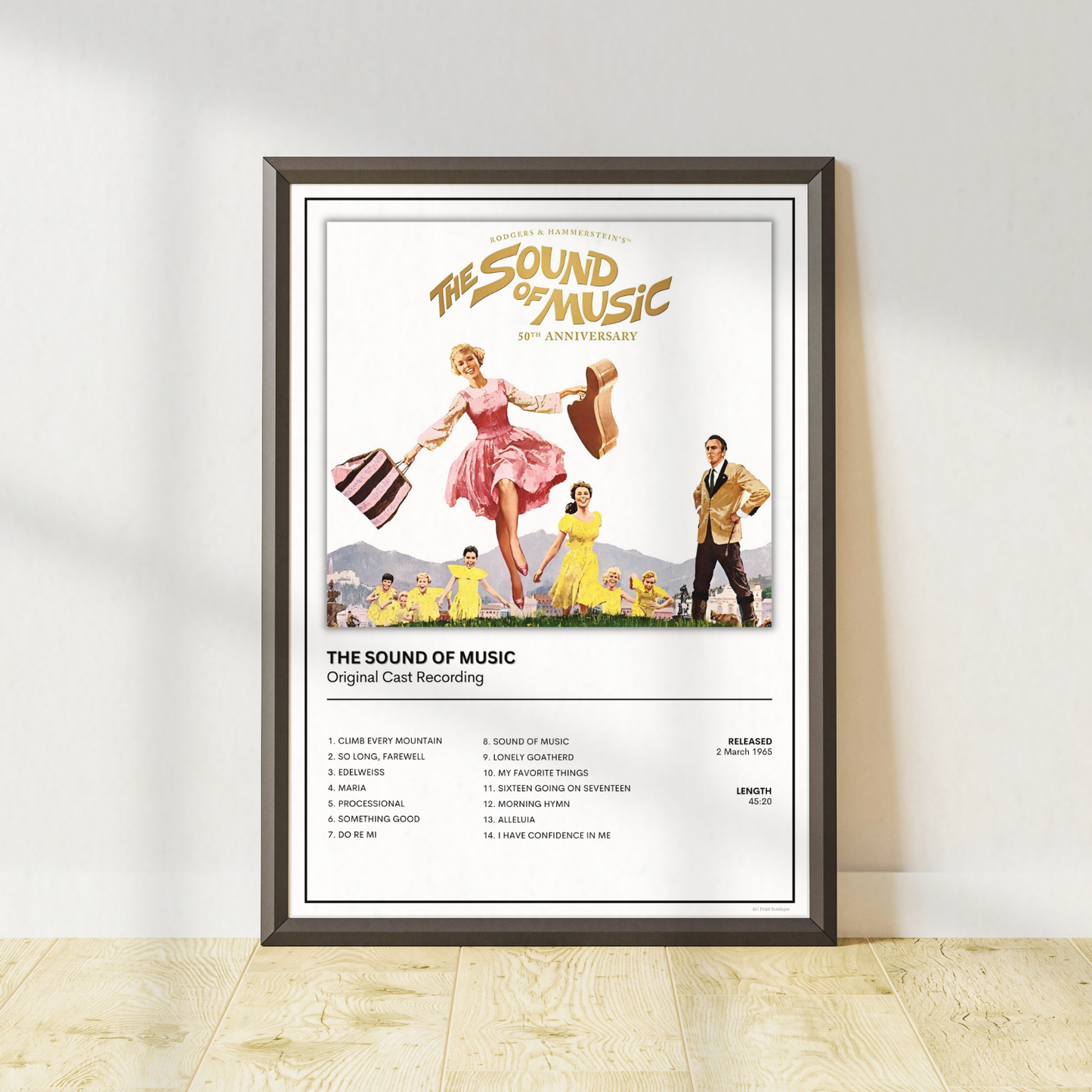 The Sound of Music original soundtrack album artwork and tracklist print displayed in a black frame with white mount.
