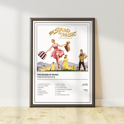 The Sound of Music original soundtrack album artwork and tracklist print displayed in a black frame with white mount.