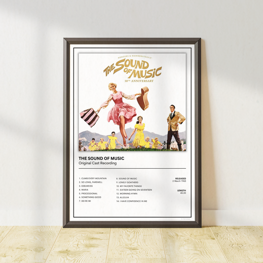 The Sound of Music original soundtrack album artwork and tracklist print displayed in a black frame with white mount.