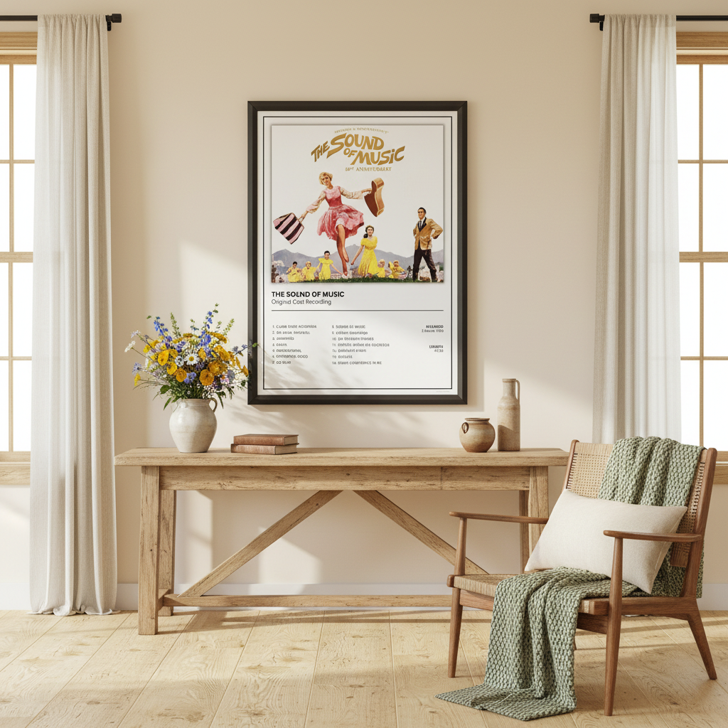 Vintage-inspired The Sound of Music album print for musical theatre and classic film lovers displayed in a cosy home interior.