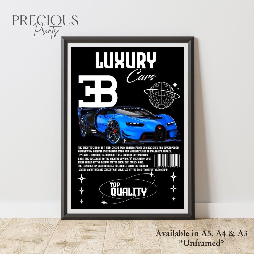 Blue Bugatti Chiron Sports Car Poster