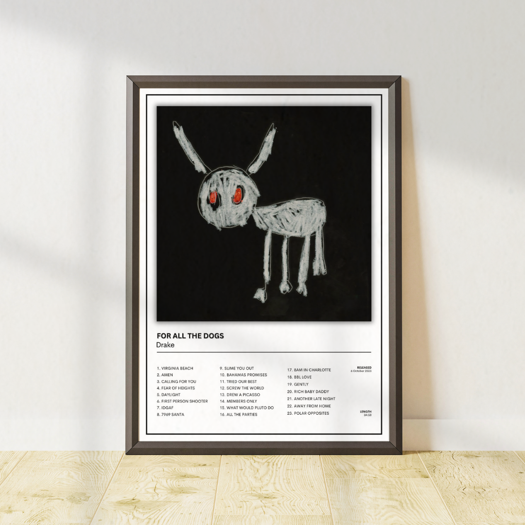 Drake For All The Dogs album cover wall art print for music lovers and modern interiors. Part of an exclusive collection of 8 Drake posters.