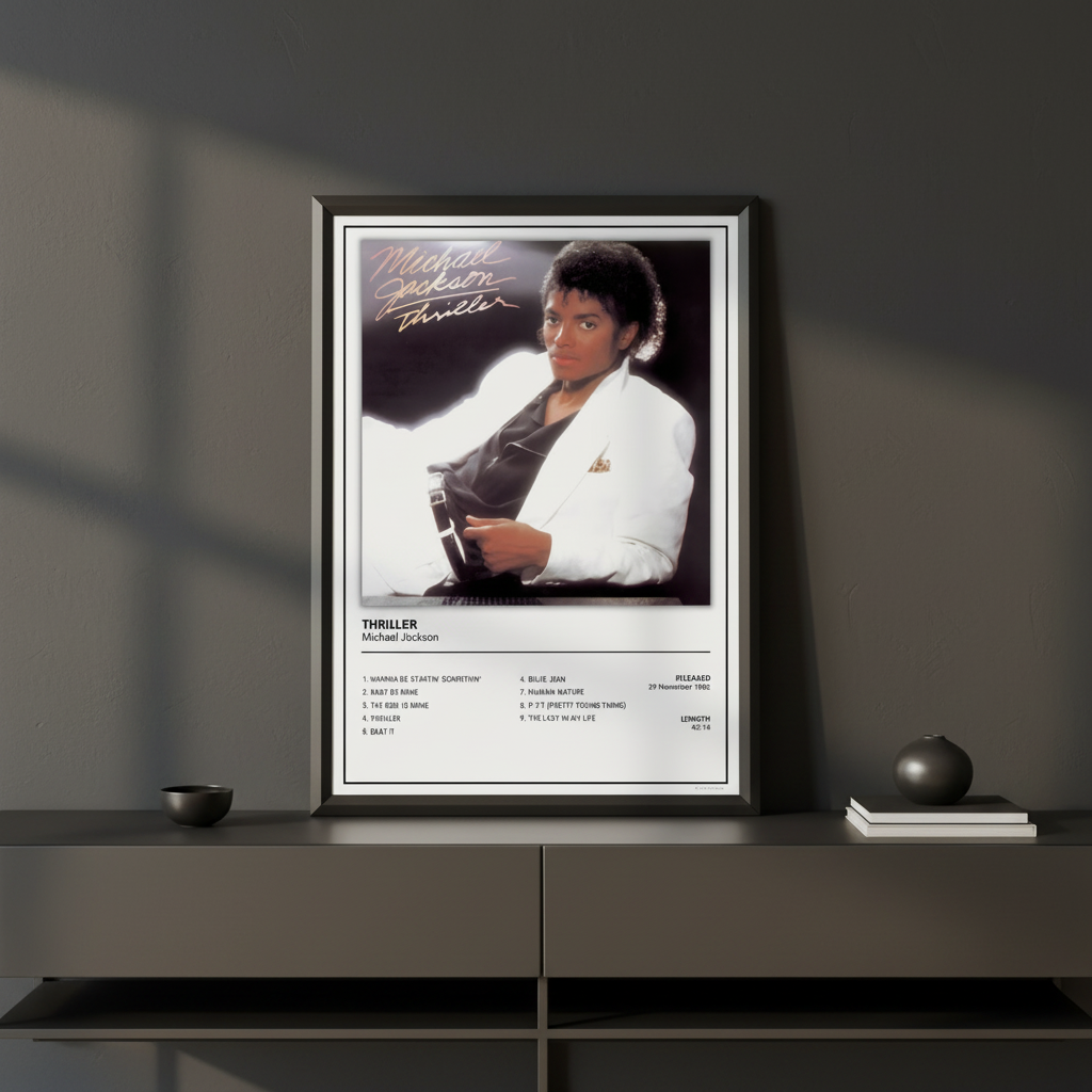Michael Jackson Thriller music poster inspired by the legendary 1982 album, unframed pop wall art for living rooms, bedrooms and music rooms.