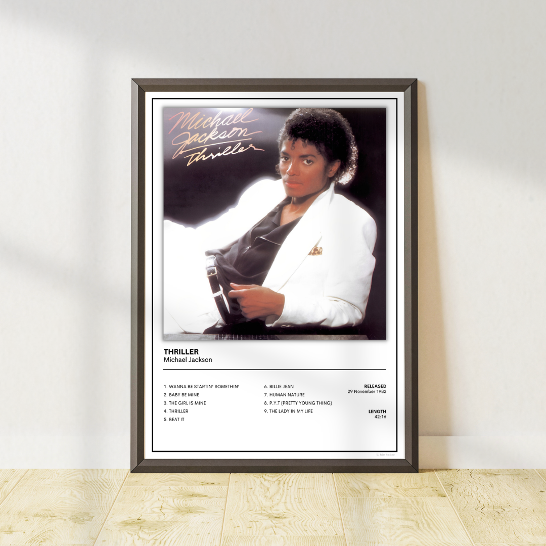 Michael Jackson Thriller album print featuring the iconic album artwork, premium pop music wall art for music lovers and vinyl collectors.