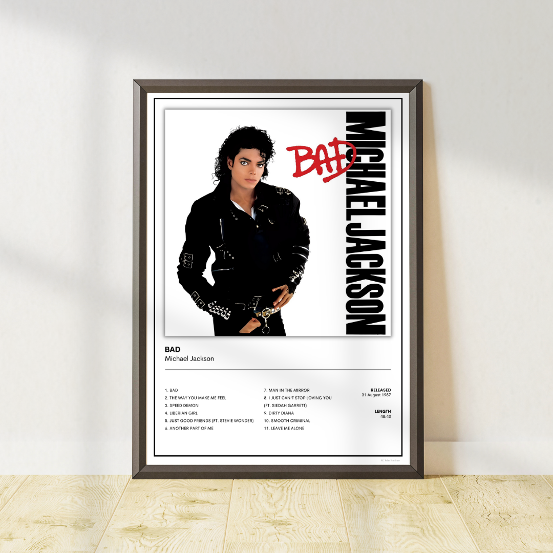 Michael Jackson Bad album inspired wall art print in modern black frame with track listing.
