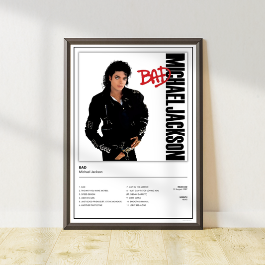 Michael Jackson Bad album inspired wall art print in modern black frame with track listing.