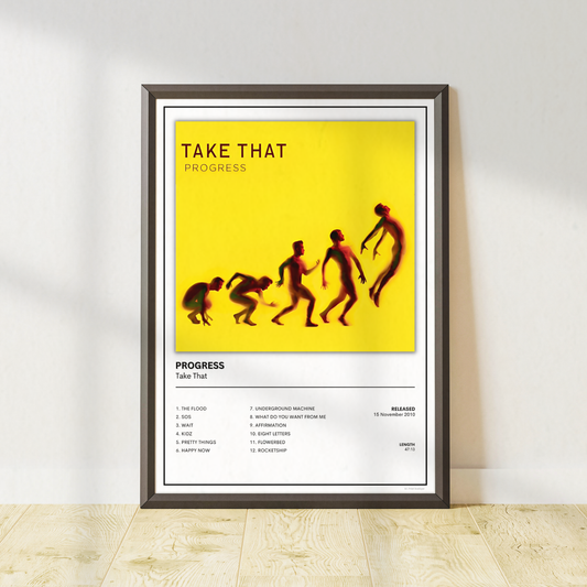 Take That Progress album artwork and tracklist print displayed in a black frame with white mount.