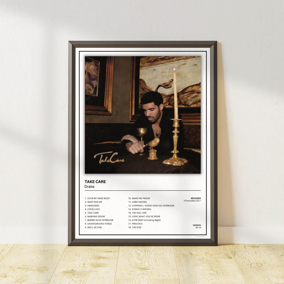 Drake Take Care album cover poster featuring minimalist music wall art for bedrooms, home studios and gallery walls. One of 8 collectible designs.