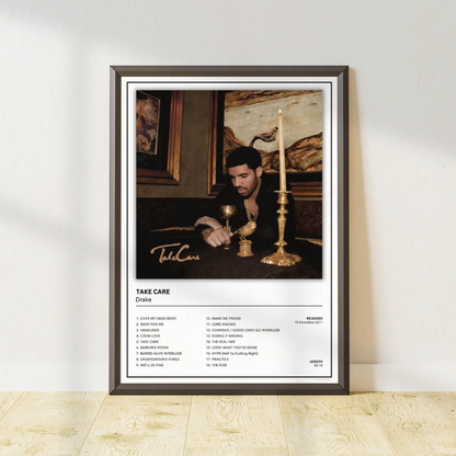 Drake Take Care album cover poster featuring minimalist music wall art for bedrooms, home studios and gallery walls. One of 8 collectible designs.