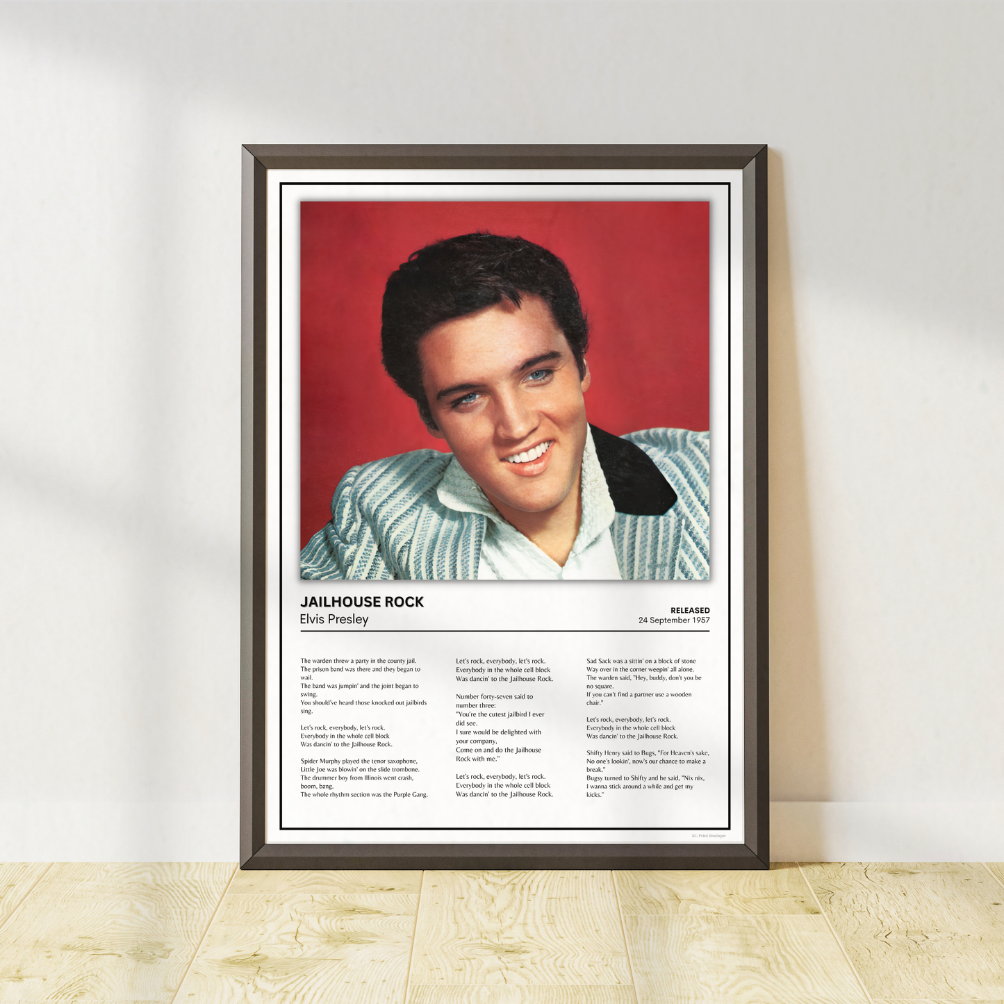 Elvis Presley Jailhouse Rock lyrics print in a black frame with white mount.