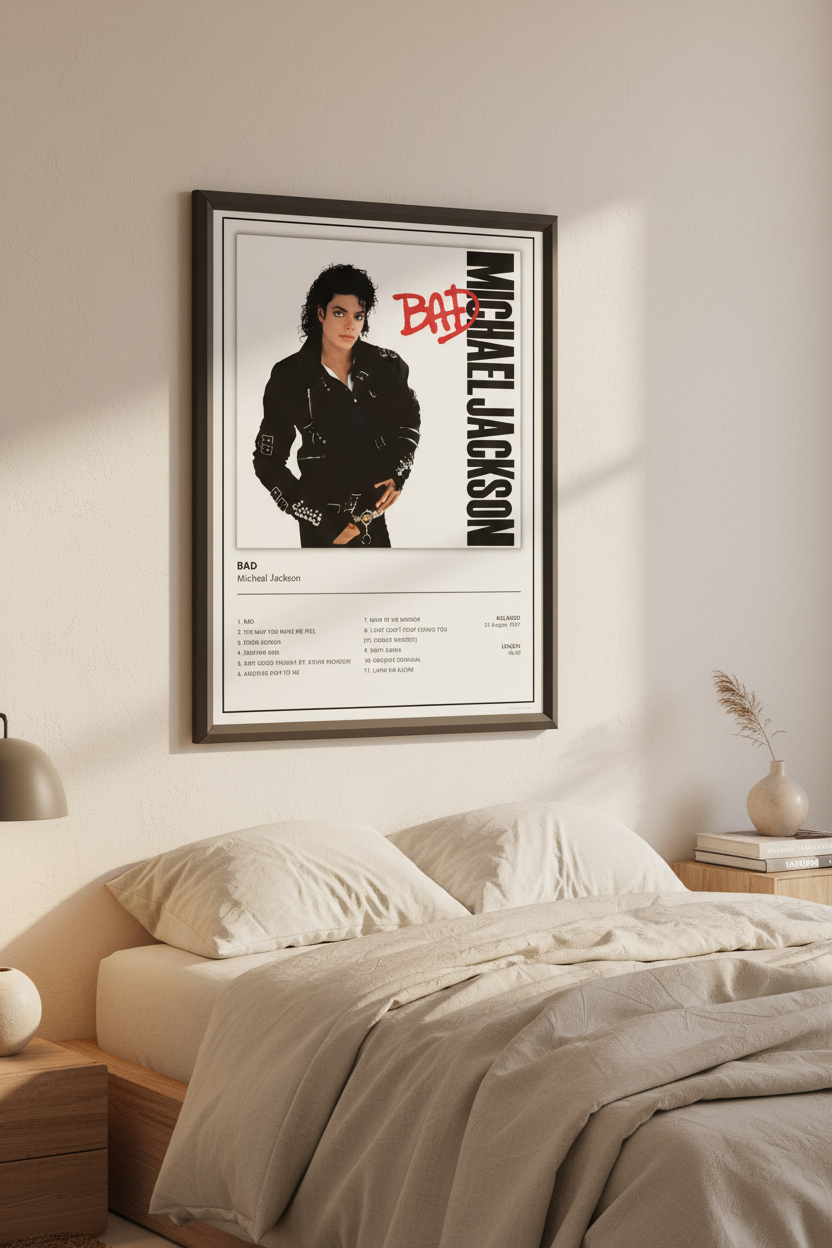 Unframed Michael Jackson Bad album artwork print available in A5 A4 and A3 sizes.