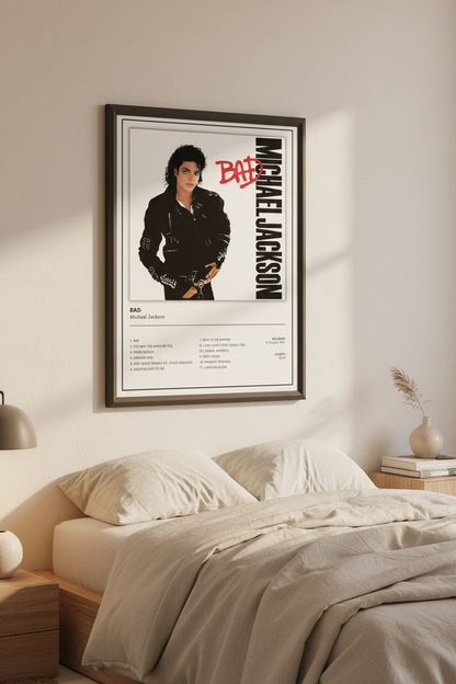 Unframed Michael Jackson Bad album artwork print available in A5 A4 and A3 sizes.