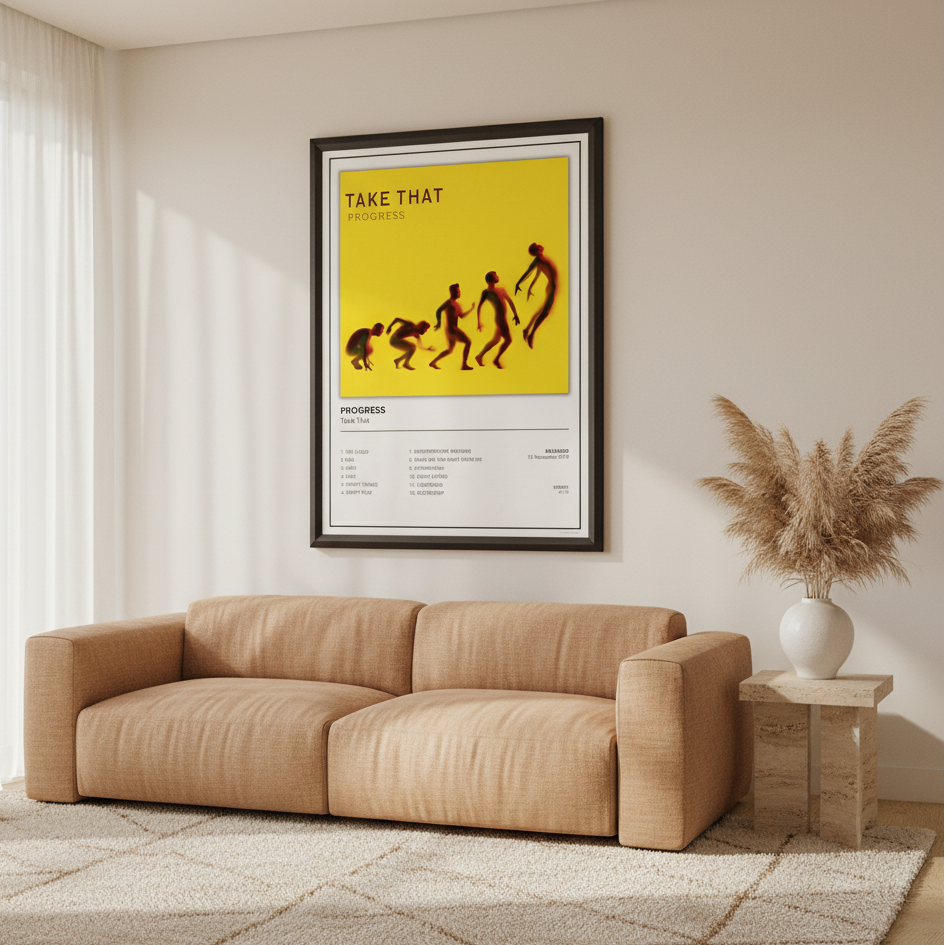Take That Progress inspired album print featuring the complete track listing in a modern minimalist design.