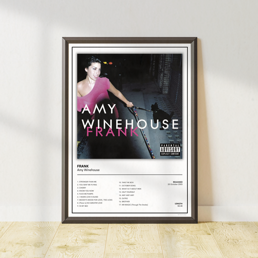 Amy Winehouse Frank album cover inspired wall art print displayed in a modern bedroom with a black frame, perfect for soul and jazz music lovers.