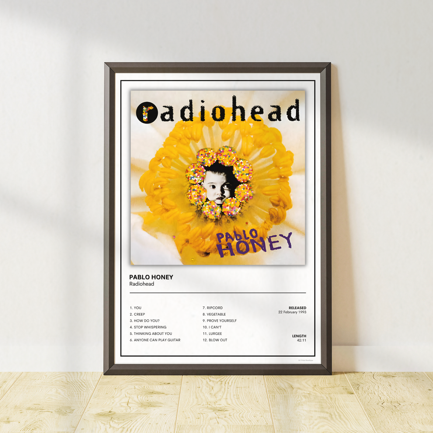 Premium Radiohead Pablo Honey music poster for alternative rock fans, ideal for music rooms, home offices and modern gallery walls.