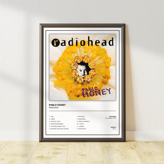 Premium Radiohead Pablo Honey music poster for alternative rock fans, ideal for music rooms, home offices and modern gallery walls.