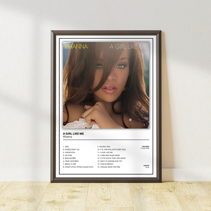 Rihanna A Girl Like Me album cover poster featuring contemporary music wall art for bedrooms, home studios and gallery walls. One of 8 collectible designs.