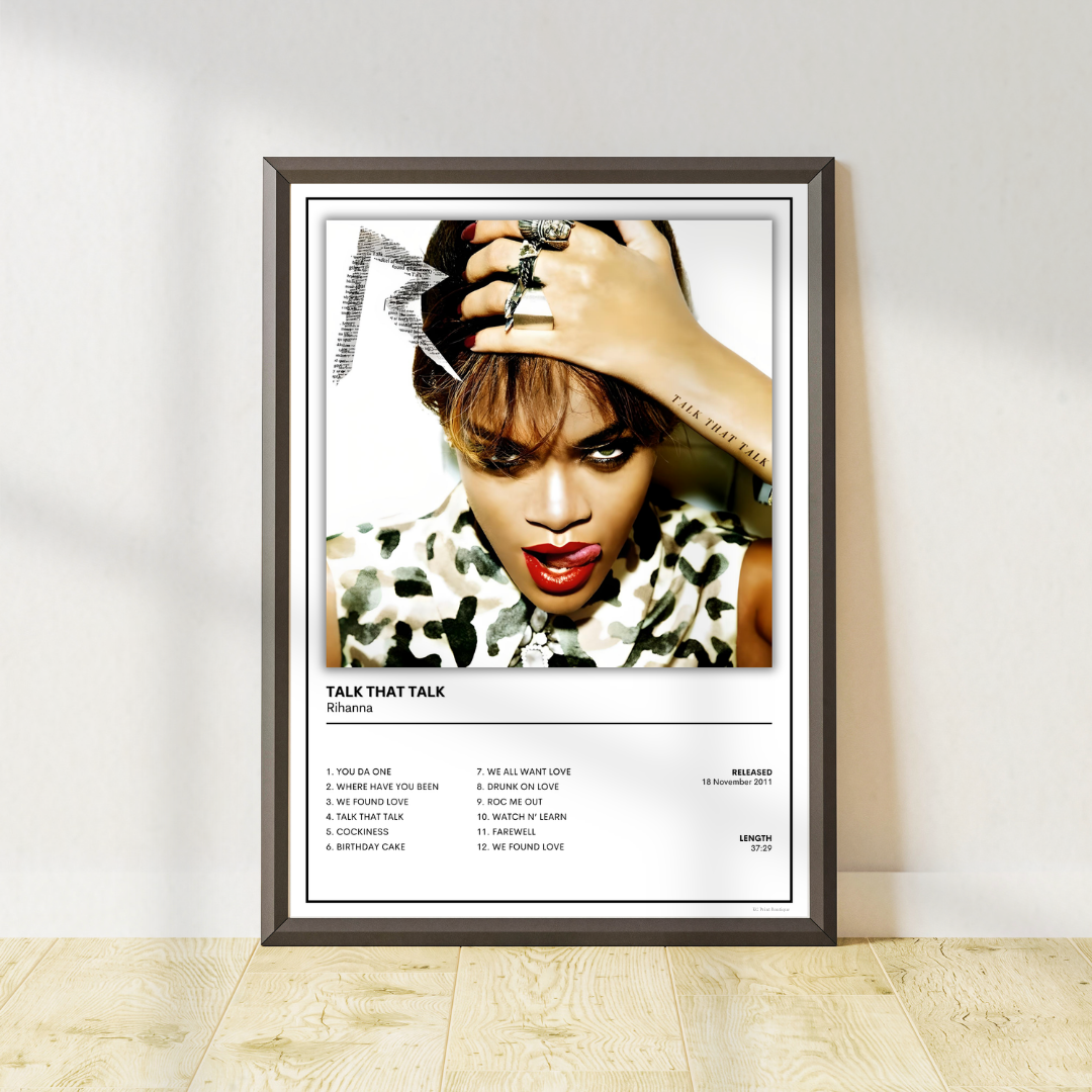 Rihanna Talk That Talk album cover print and minimalist music poster. Part of an exclusive collection of 8 Rihanna-inspired designs.