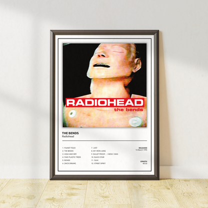 Radiohead The Bends alternative rock album wall art print featuring the iconic 1995 album cover in a contemporary gallery-style frame.