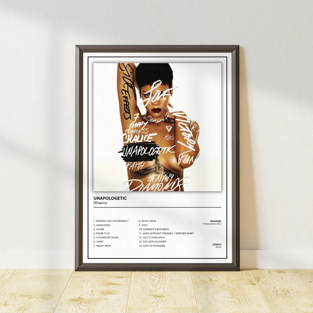 Rihanna Unapologetic album cover wall art print designed for music lovers and contemporary home decor. One of 8 collectible posters.