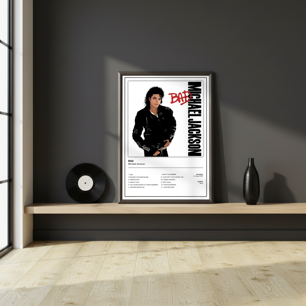 Contemporary Michael Jackson Bad music poster displayed in a stylish home interior.