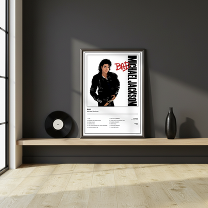 Contemporary Michael Jackson Bad music poster displayed in a stylish home interior.