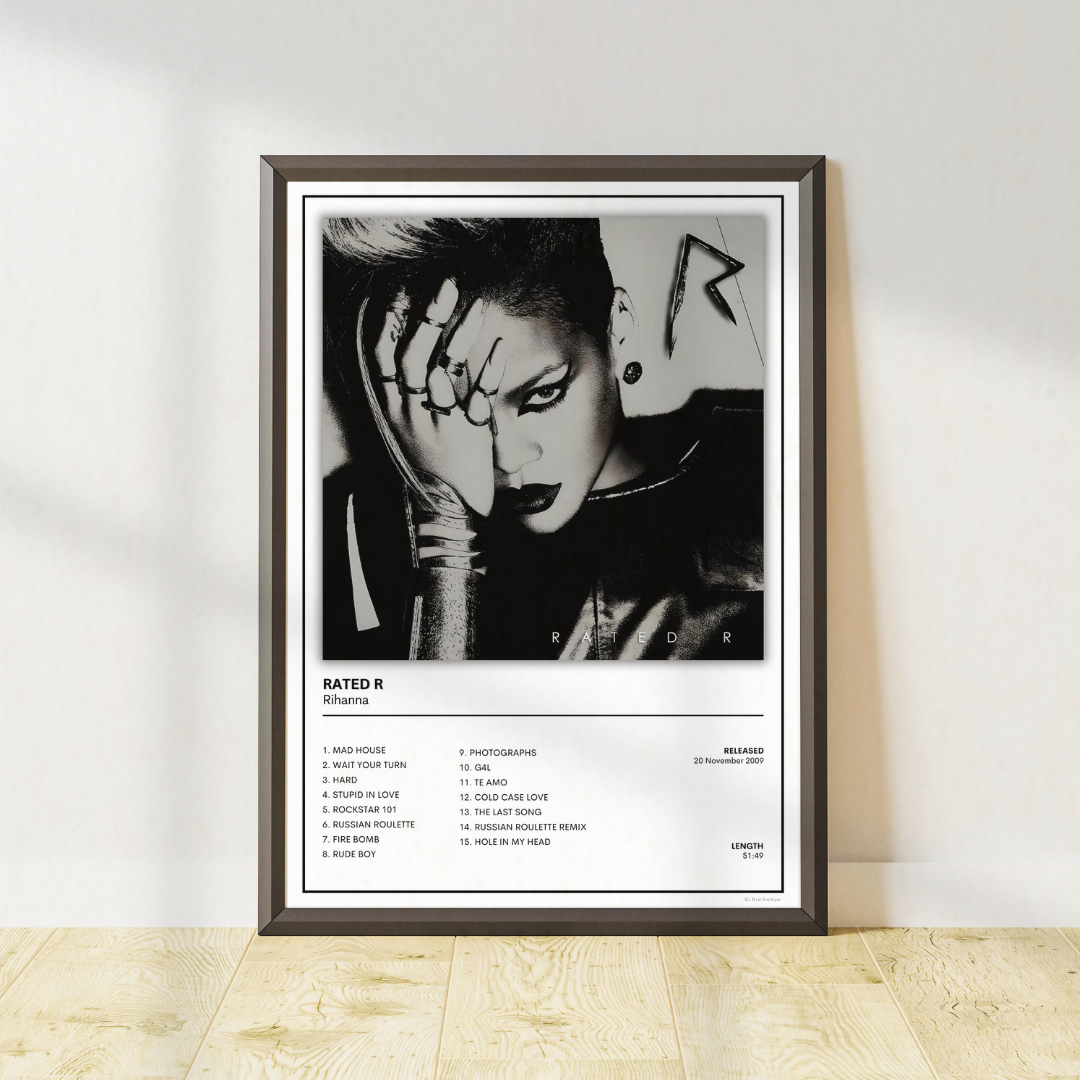Rihanna Rated R album cover poster and stylish music wall art for modern interiors. One of 8 matching album cover prints to collect.