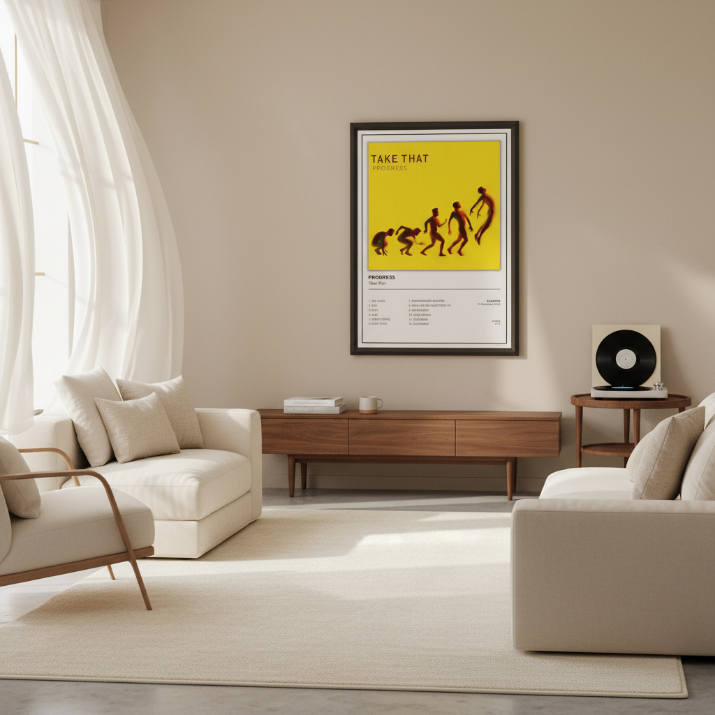 Take That Progress music wall art print for pop music fans displayed in a contemporary home interior.