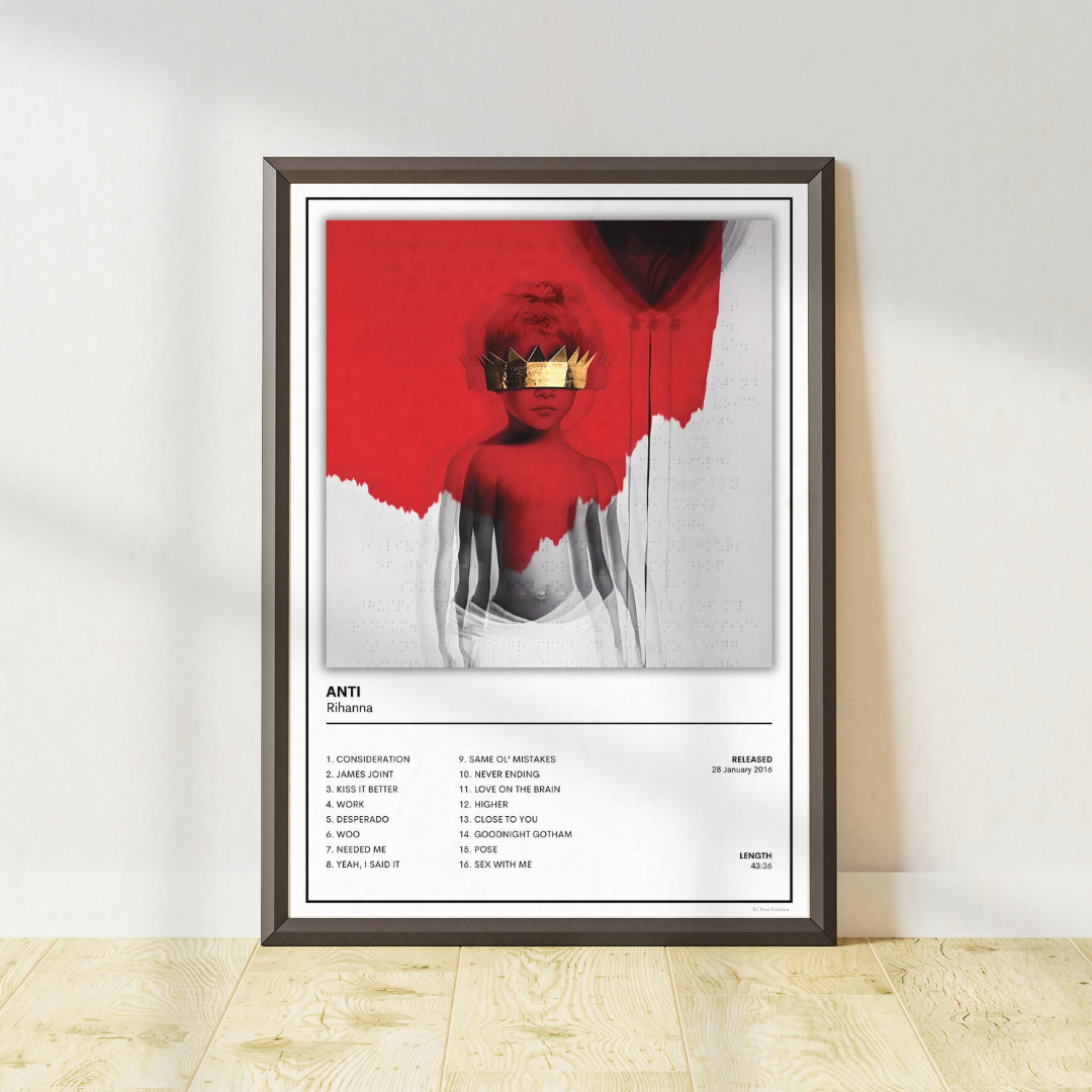 Rihanna Anti album cover poster and music wall art print for bedrooms, home studios and gallery walls. Part of a matching collection of 8 designs.