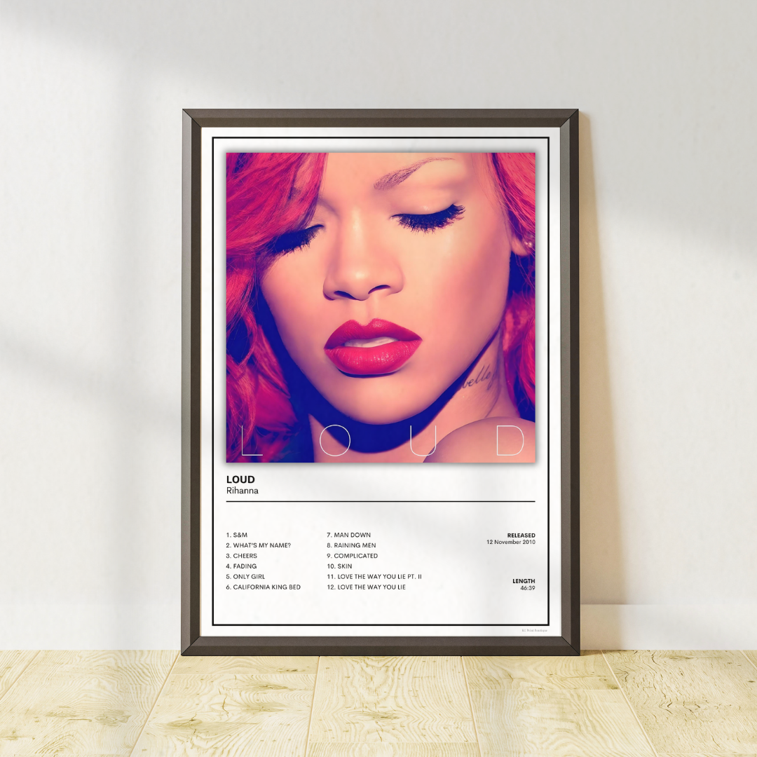 Rihanna Loud album cover poster featuring contemporary music wall art and gallery wall decor. Available in A5, A4 and A3 sizes.