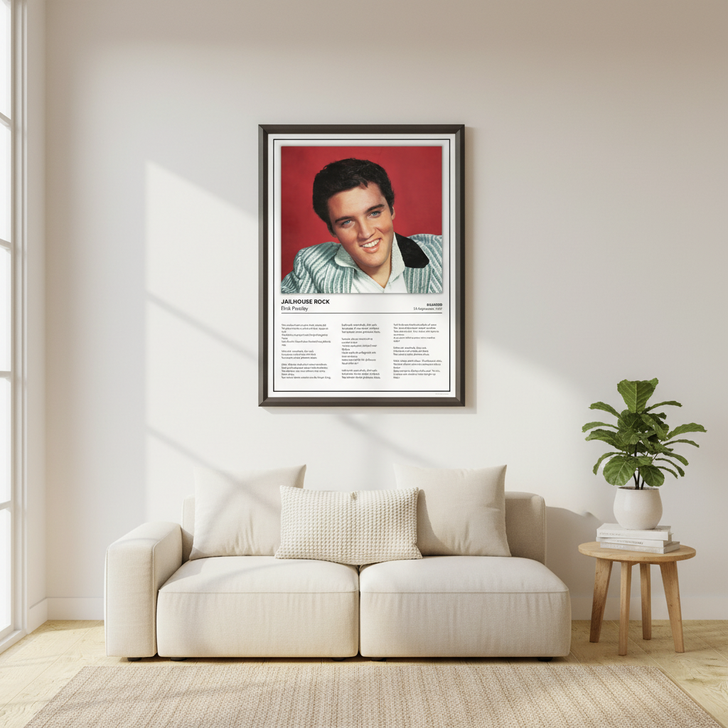 Elvis Presley Jailhouse Rock music print for rock and roll fans displayed in a modern home interior.