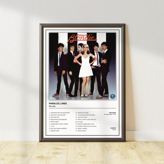 Framed Blondie Parallel Lines album tracklist poster print featuring the iconic album cover by Debbie Harry and the full track listing, displayed in a black frame with a white mount against a neutral wall.