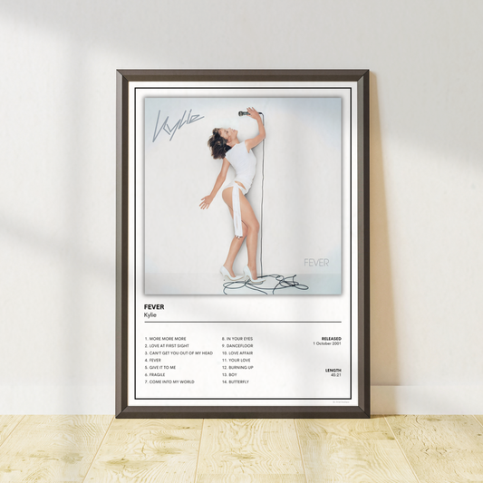 Framed Kylie Minogue Fever album tracklist poster print featuring the iconic album artwork with complete track listing, displayed in a black frame with a white mount against a neutral background.