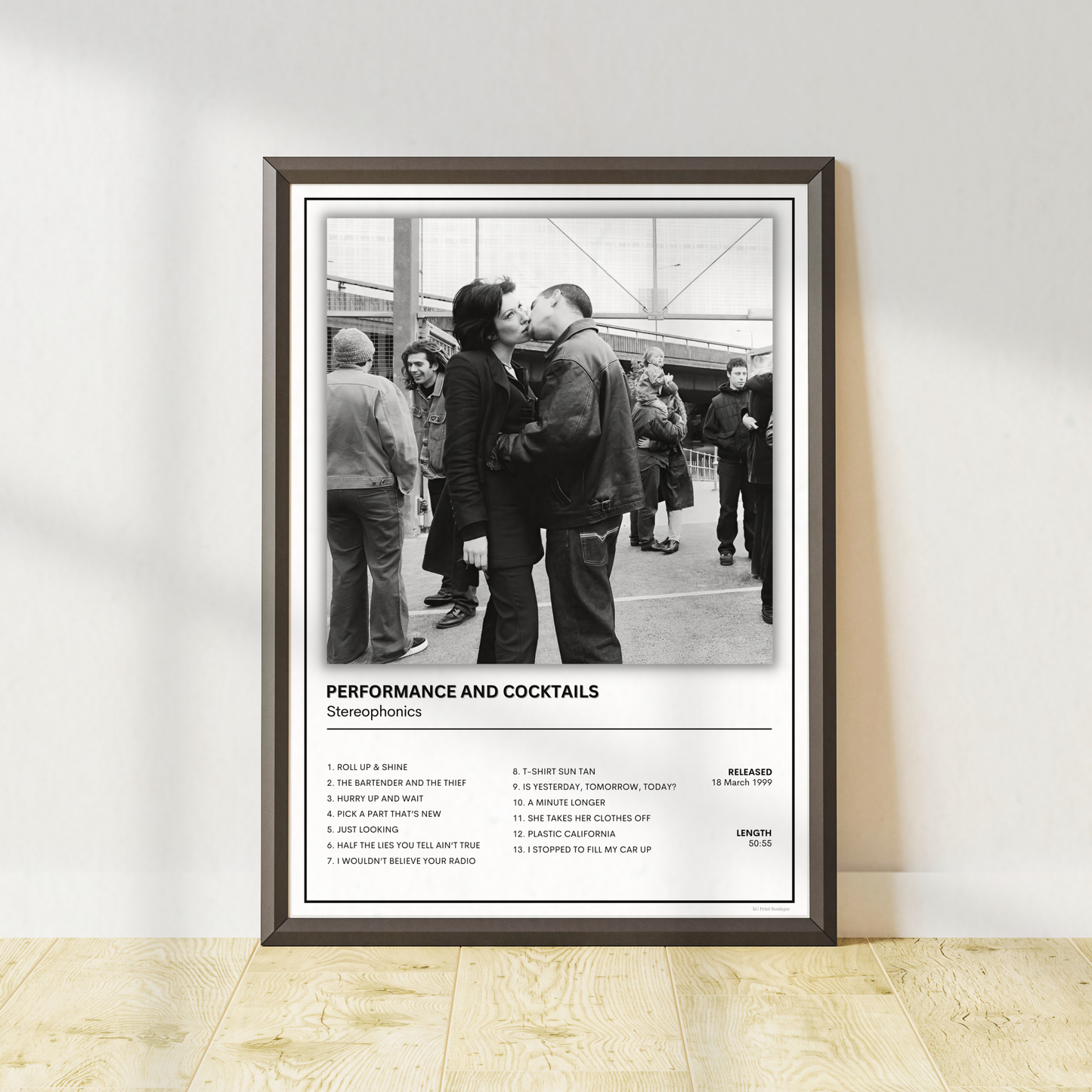 Stereophonics Performance and Cocktails album tracklist print in a black frame displayed in a bright modern living room.