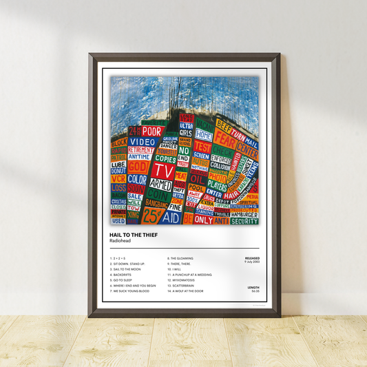 Radiohead Hail To The Thief alternative rock album poster in a contemporary black frame.