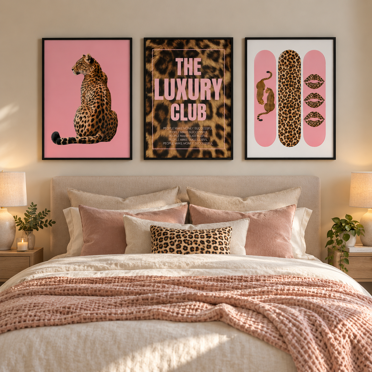 Three framed wall art prints with pink, leopard, and fashion-inspired designs hang above a neatly made bed in a softly lit bedroom. The center print reads “THE LUXURY CLUB.