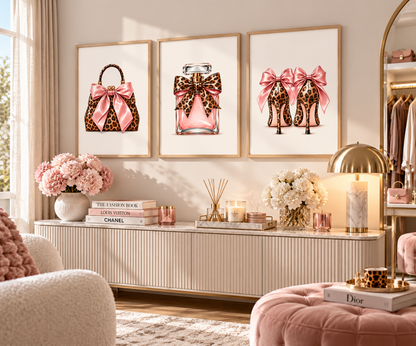 Leopard print handbag perfume and heels wall art with oversized blush pink satin bow fashion print