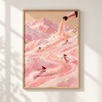 A framed art print featuring a whimsical pink mountain landscape with skiers and a champagne bottle pouring liquid, displayed on a white wall with soft window shadows.