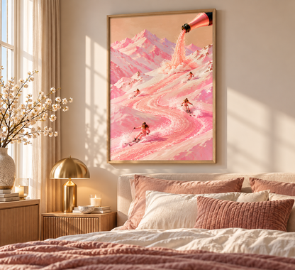 Pink champagne ski wall art featuring skiers on blush alpine mountain slopes with sparkling champagne, a luxury après ski art print.