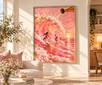 A large framed wall art print hangs on a white wall in a bright, modern living room. The artwork depicts a pink and peach ocean wave with surfers inside the curl, accented by gold glitter-like highlights and a champagne bottle bursting at the top.