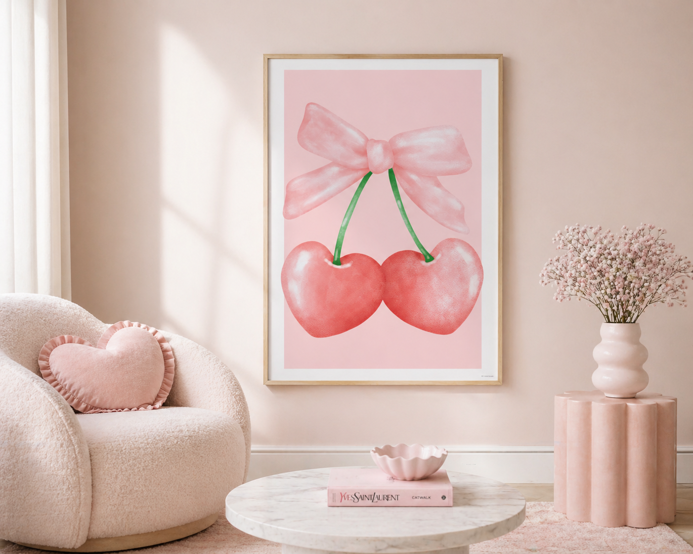 Pink Cherry Hearts with Bow print
