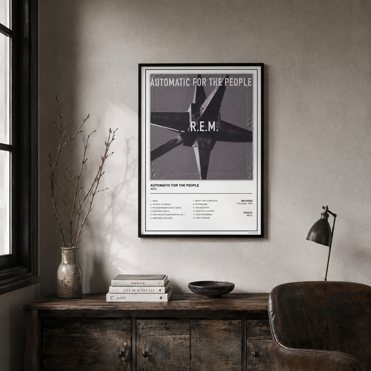A framed black and white poster of the band R.E.M